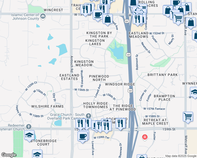 map of restaurants, bars, coffee shops, grocery stores, and more near 7906 West 155th Terrace in Overland Park