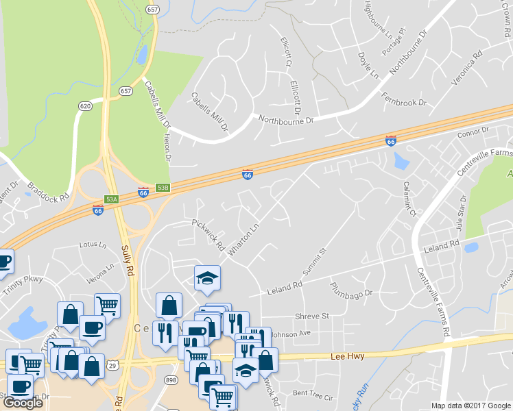 map of restaurants, bars, coffee shops, grocery stores, and more near 5486 Middlebourne Lane in Centreville