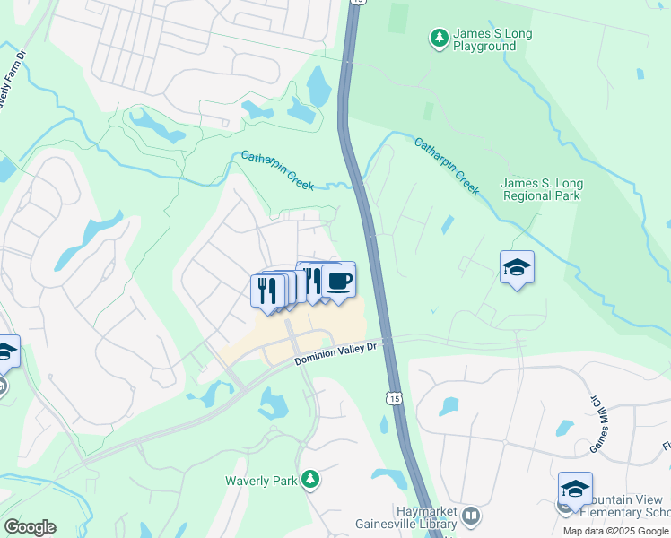 map of restaurants, bars, coffee shops, grocery stores, and more near 15221 Royal Crest Drive in Haymarket