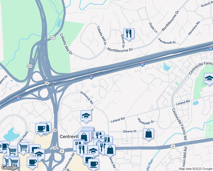 map of restaurants, bars, coffee shops, grocery stores, and more near 5486 Middlebourne Lane in Centreville