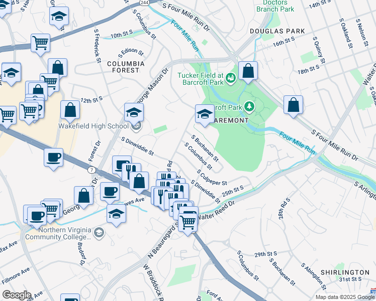 map of restaurants, bars, coffee shops, grocery stores, and more near 2120 South Columbus Street in Arlington