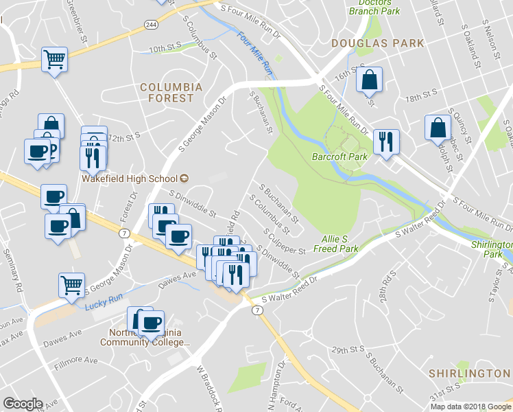 map of restaurants, bars, coffee shops, grocery stores, and more near 2120 South Columbus Street in Arlington