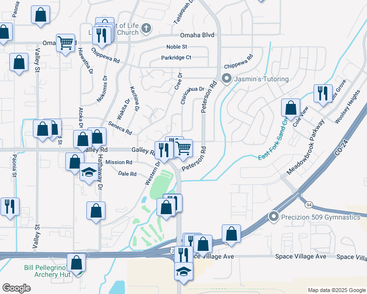 map of restaurants, bars, coffee shops, grocery stores, and more near 1052 Chiricahua Drive in Colorado Springs