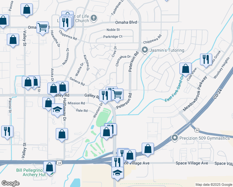 map of restaurants, bars, coffee shops, grocery stores, and more near 1052 Chiricahua Drive in Colorado Springs