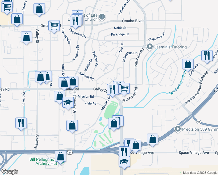 map of restaurants, bars, coffee shops, grocery stores, and more near 6850 Western Place in Colorado Springs