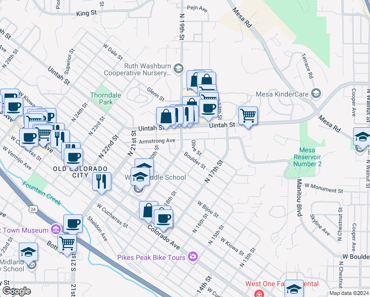 map of restaurants, bars, coffee shops, grocery stores, and more near 1902 Armstrong Avenue in Colorado Springs