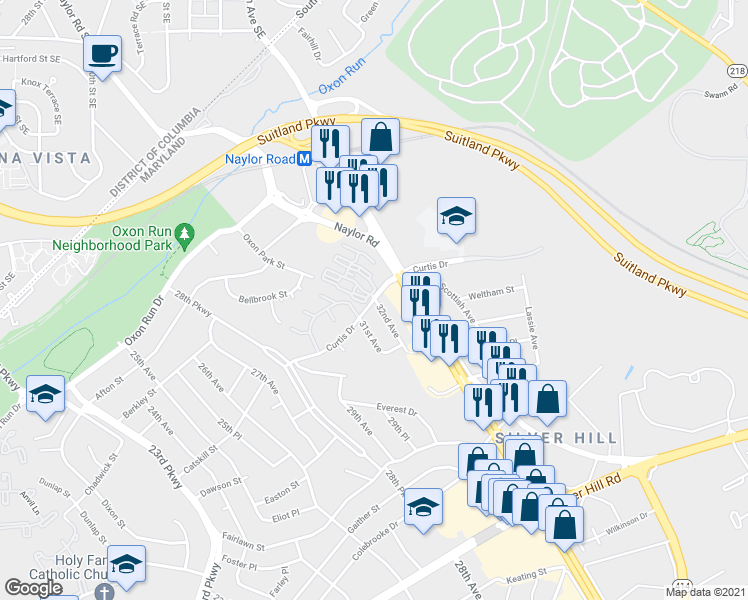 map of restaurants, bars, coffee shops, grocery stores, and more near 3200 Curtis Drive in Temple Hills