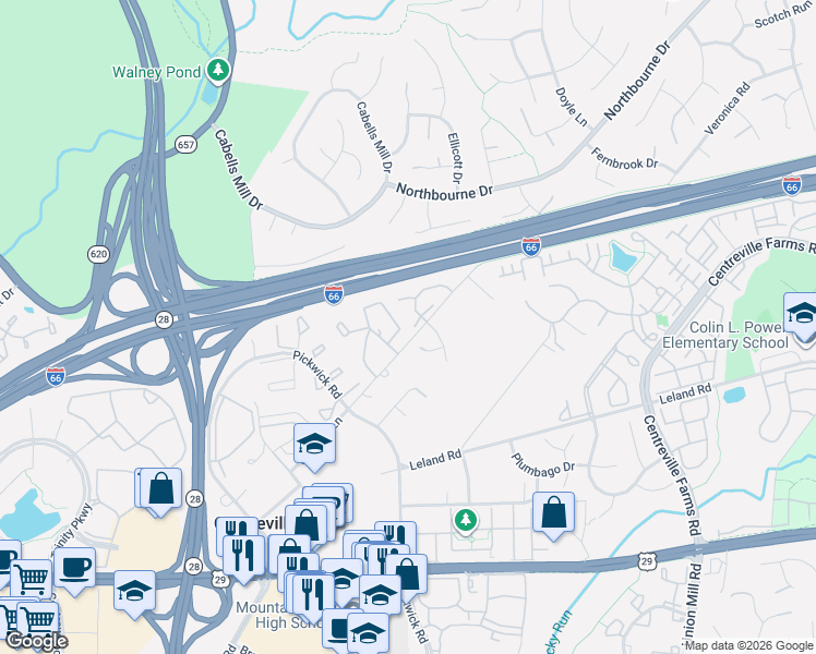 map of restaurants, bars, coffee shops, grocery stores, and more near 5453 Crystalford Lane in Centreville