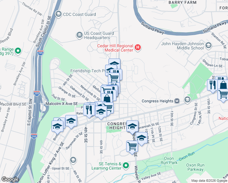 map of restaurants, bars, coffee shops, grocery stores, and more near 2765 Martin Luther King Jr Ave SE in Washington