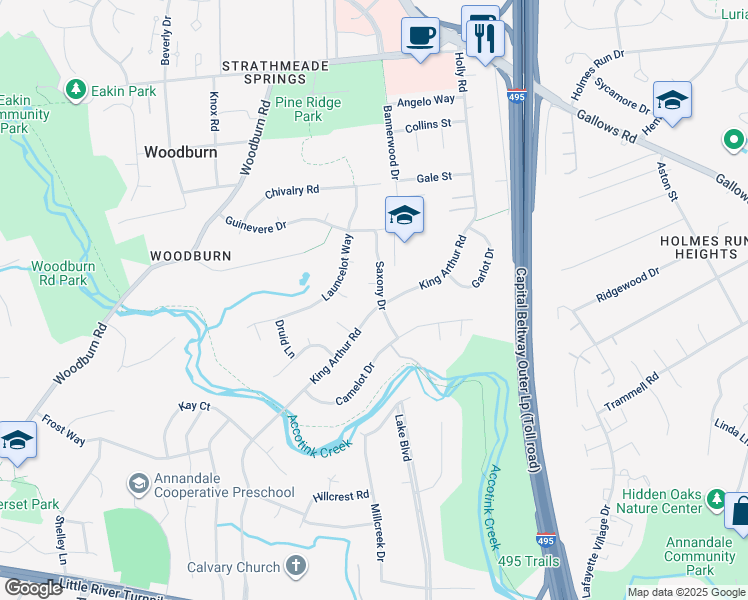 map of restaurants, bars, coffee shops, grocery stores, and more near 8117 Saxony Drive in Annandale