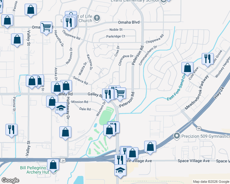 map of restaurants, bars, coffee shops, grocery stores, and more near 1052 Chiricahua Drive in Colorado Springs