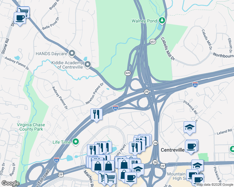 map of restaurants, bars, coffee shops, grocery stores, and more near 14165 Royal Oak Lane in Centreville