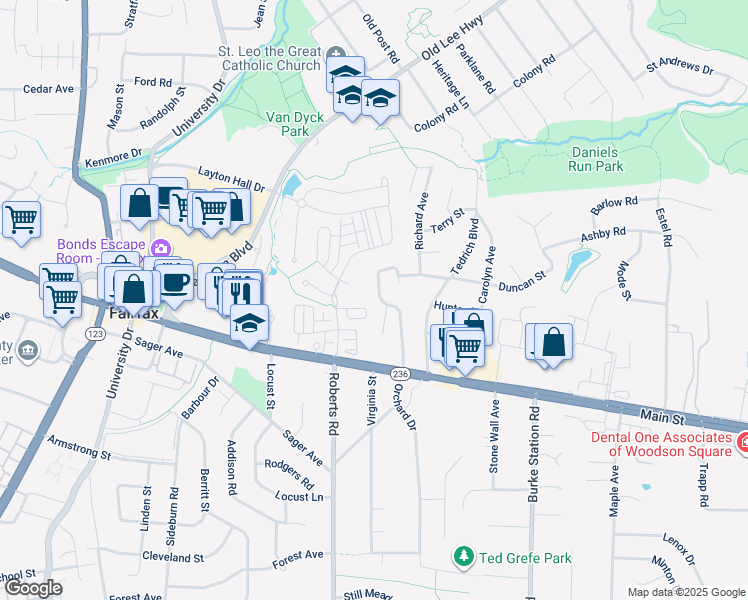 map of restaurants, bars, coffee shops, grocery stores, and more near 3926 Fairview Drive in Fairfax