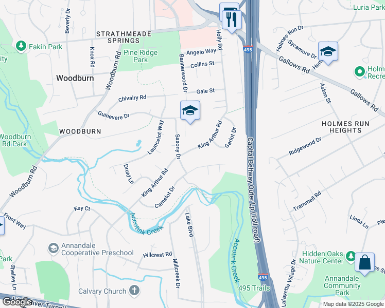 map of restaurants, bars, coffee shops, grocery stores, and more near 3525 King Arthur Road in Annandale