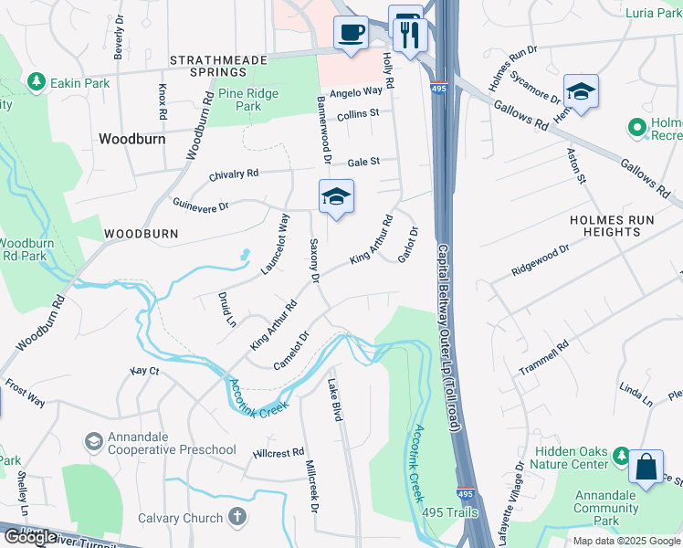map of restaurants, bars, coffee shops, grocery stores, and more near 3525 King Arthur Road in Annandale