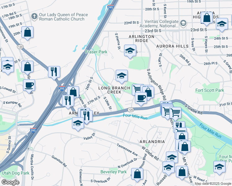 map of restaurants, bars, coffee shops, grocery stores, and more near 1400 28th Street South in Arlington