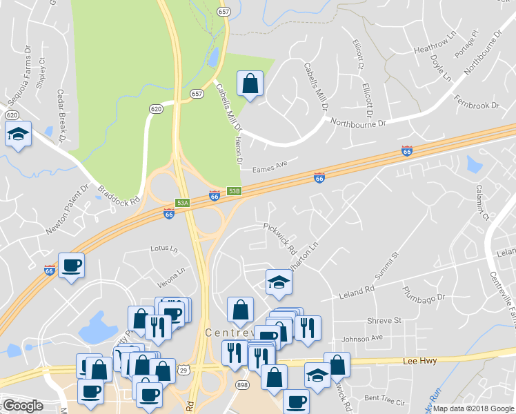 map of restaurants, bars, coffee shops, grocery stores, and more near 13924 Melton Place in Centreville