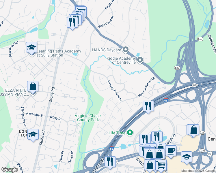 map of restaurants, bars, coffee shops, grocery stores, and more near 14406 Four Chimney Drive in Centreville