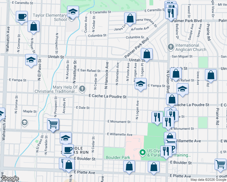 map of restaurants, bars, coffee shops, grocery stores, and more near 1225 East Yampa Street in Colorado Springs