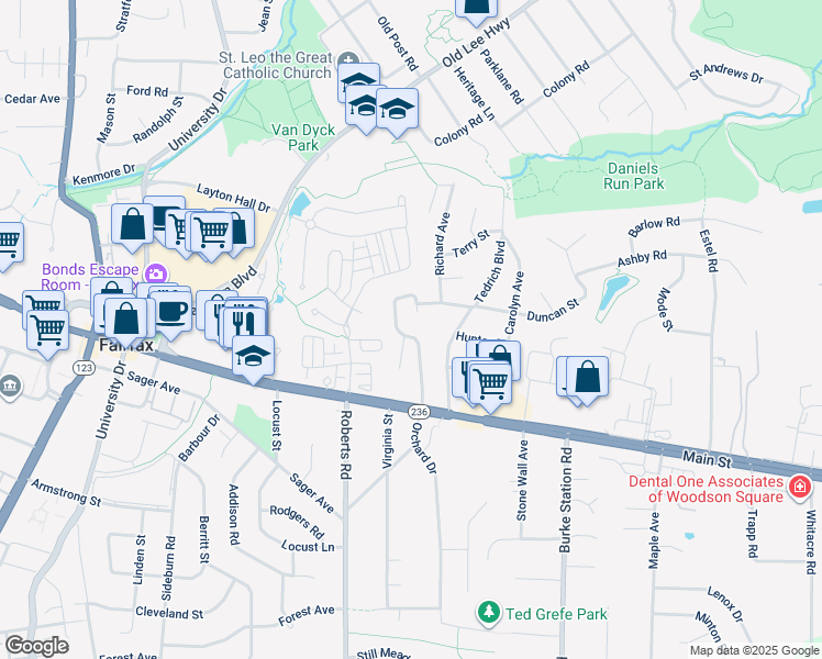 map of restaurants, bars, coffee shops, grocery stores, and more near 3929 Fairview Drive in Fairfax