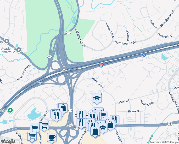 map of restaurants, bars, coffee shops, grocery stores, and more near 13924 Melton Place in Centreville