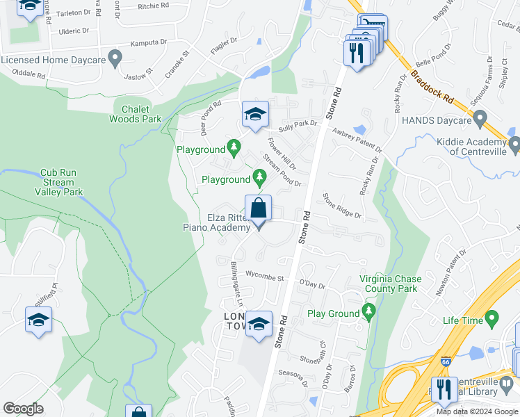 map of restaurants, bars, coffee shops, grocery stores, and more near 14781 Green Park Way in Centreville