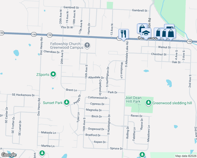 map of restaurants, bars, coffee shops, grocery stores, and more near 401 Copeland Drive in Greenwood