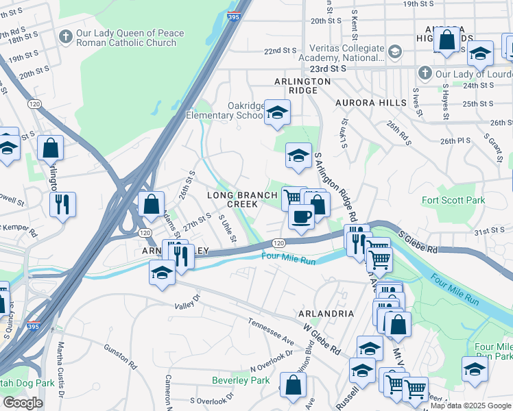 map of restaurants, bars, coffee shops, grocery stores, and more near 1400 28th Street South in Arlington