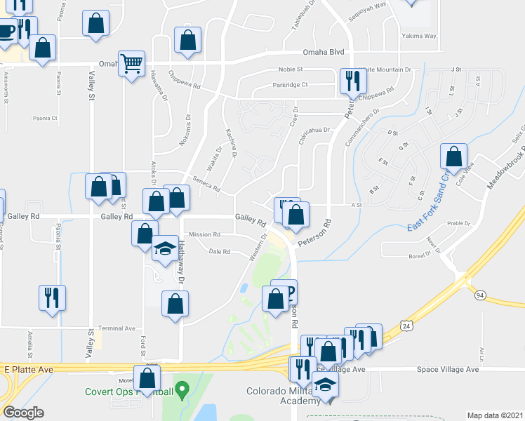 map of restaurants, bars, coffee shops, grocery stores, and more near 6850 Western Place in Colorado Springs