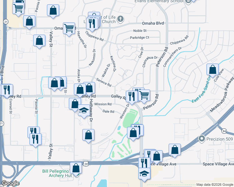map of restaurants, bars, coffee shops, grocery stores, and more near 6805 Western Place in Colorado Springs