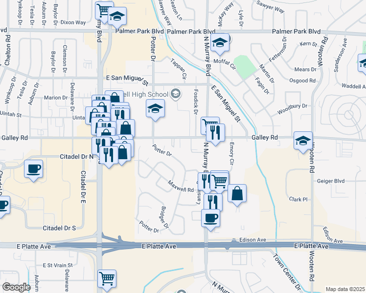 map of restaurants, bars, coffee shops, grocery stores, and more near 4255 Galley Road in Colorado Springs