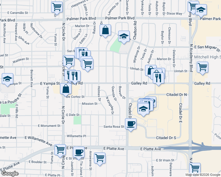 map of restaurants, bars, coffee shops, grocery stores, and more near 934 Querida Drive in Colorado Springs