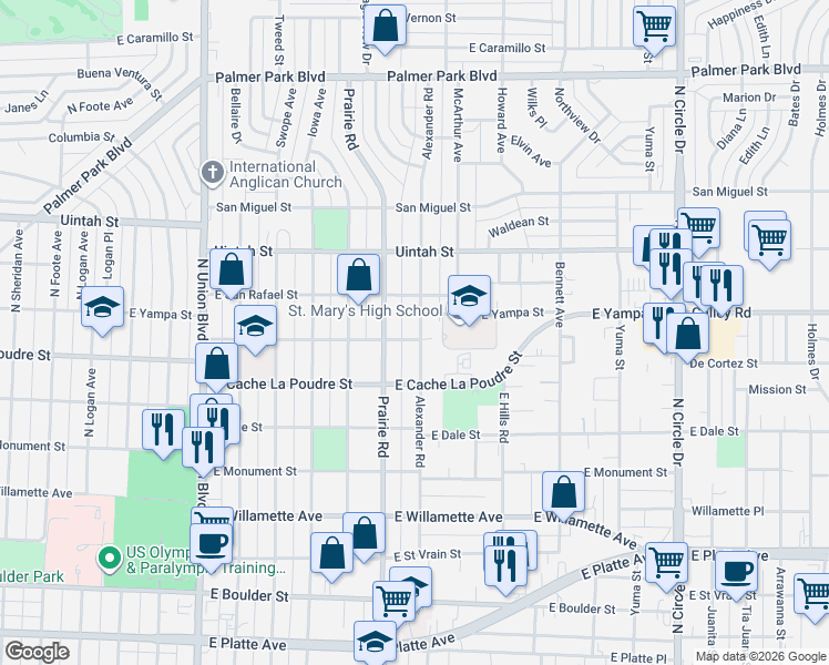 map of restaurants, bars, coffee shops, grocery stores, and more near 1015 Alexander Road in Colorado Springs
