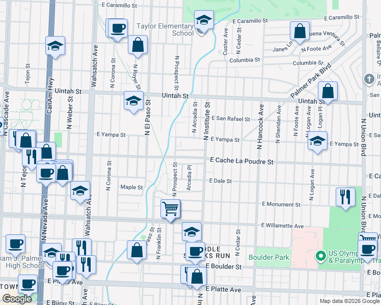 map of restaurants, bars, coffee shops, grocery stores, and more near 815 East Yampa Street in Colorado Springs