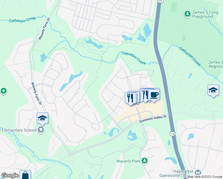 map of restaurants, bars, coffee shops, grocery stores, and more near 5413 Rodriquez Ln in Haymarket