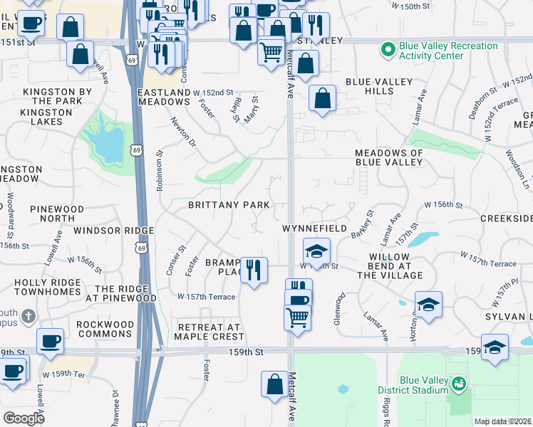 map of restaurants, bars, coffee shops, grocery stores, and more near 7210 West 155th Street in Overland Park