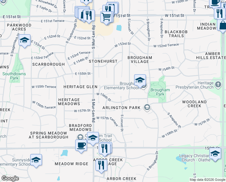 map of restaurants, bars, coffee shops, grocery stores, and more near 16687 West 155th Terrace in Olathe
