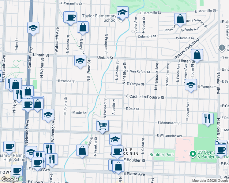 map of restaurants, bars, coffee shops, grocery stores, and more near 815 East Yampa Street in Colorado Springs