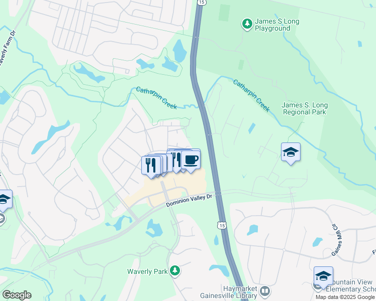 map of restaurants, bars, coffee shops, grocery stores, and more near 15221 Royal Crest Drive in Haymarket