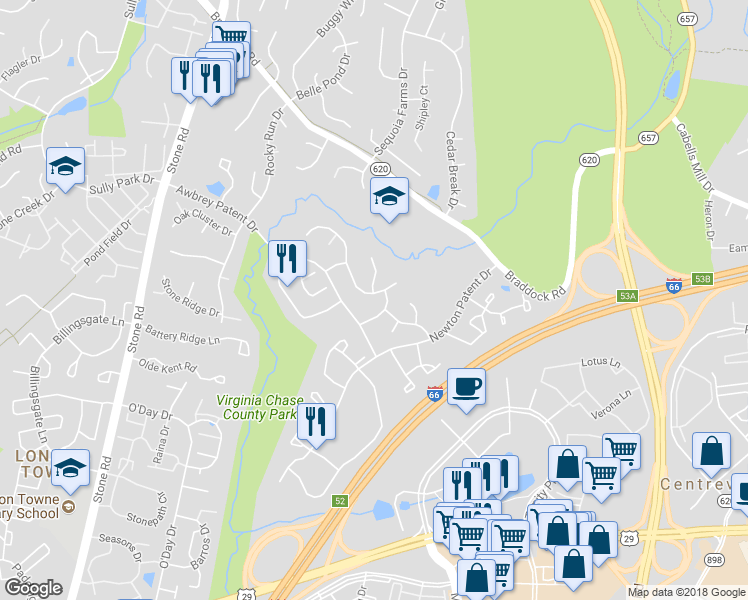 map of restaurants, bars, coffee shops, grocery stores, and more near 14411 William Carr Lane in Centreville