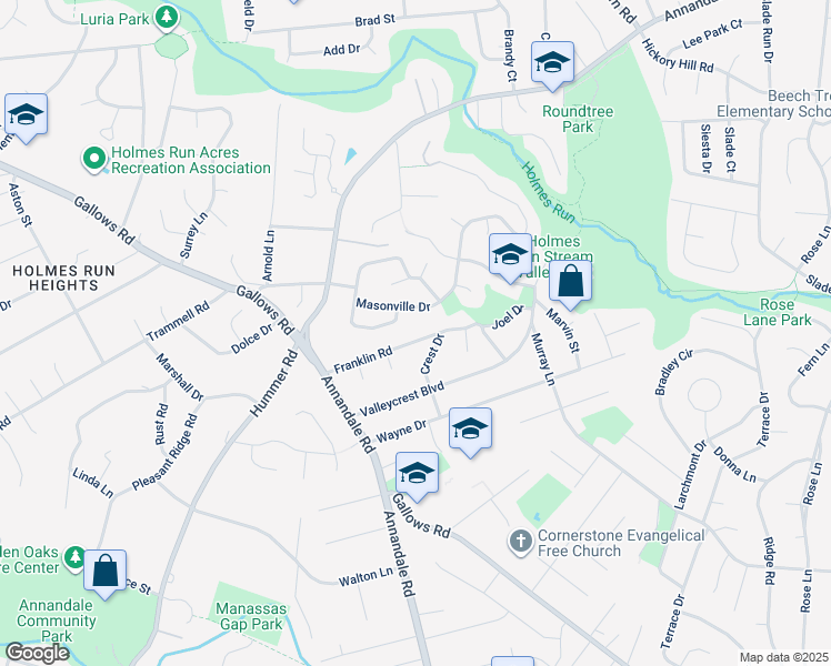 map of restaurants, bars, coffee shops, grocery stores, and more near 7316 Franklin Road in Annandale