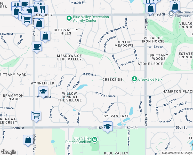 map of restaurants, bars, coffee shops, grocery stores, and more near 15523 Horton Lane in Overland Park