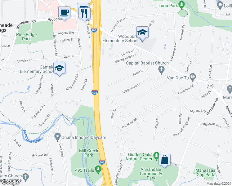 map of restaurants, bars, coffee shops, grocery stores, and more near 7826 Ridgewood Drive in Annandale