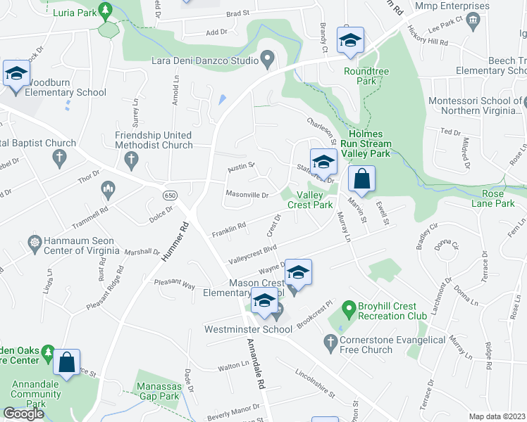 map of restaurants, bars, coffee shops, grocery stores, and more near 7316 Franklin Road in Annandale