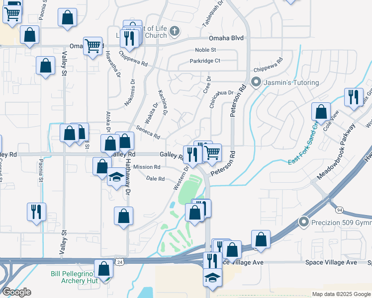 map of restaurants, bars, coffee shops, grocery stores, and more near 6850 Western Place in Colorado Springs