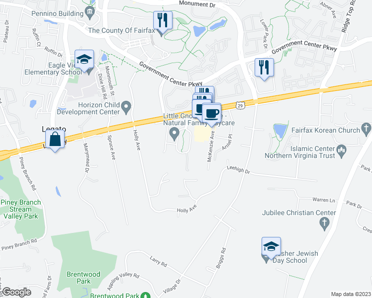map of restaurants, bars, coffee shops, grocery stores, and more near 11831 Robertson Farm Circle in Fairfax