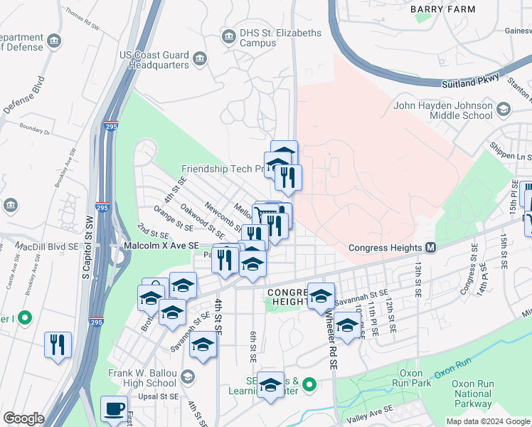 map of restaurants, bars, coffee shops, grocery stores, and more near 557 Lebaum Street Southeast in Washington