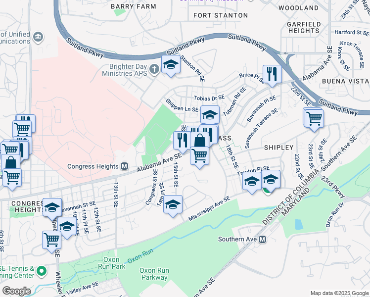 map of restaurants, bars, coffee shops, grocery stores, and more near 1502 Alabama Avenue Southeast in Washington