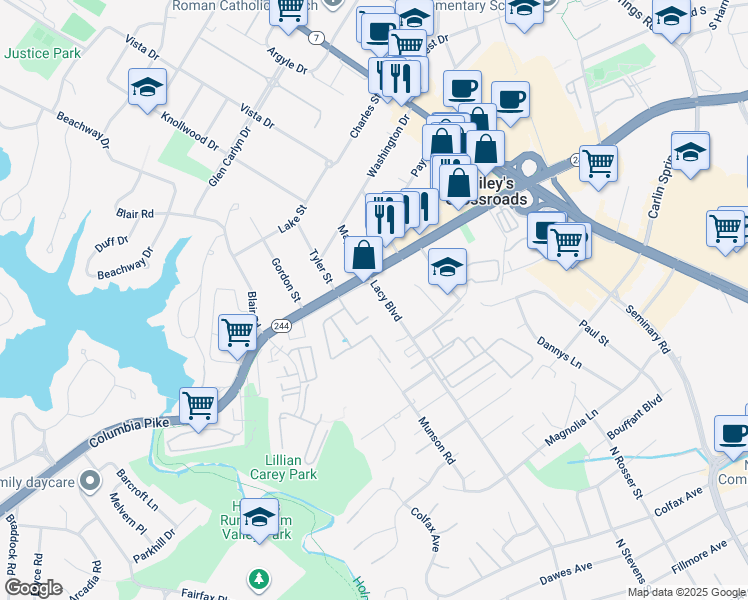 map of restaurants, bars, coffee shops, grocery stores, and more near 3520 Lacy Boulevard in Bailey's Crossroads