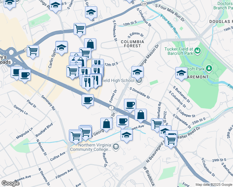 map of restaurants, bars, coffee shops, grocery stores, and more near 3541 Forest Drive in Alexandria